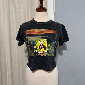 Spongebob Squarepants The Scream Art Crop Women Black T‎ Shirt XS Graphic Tee